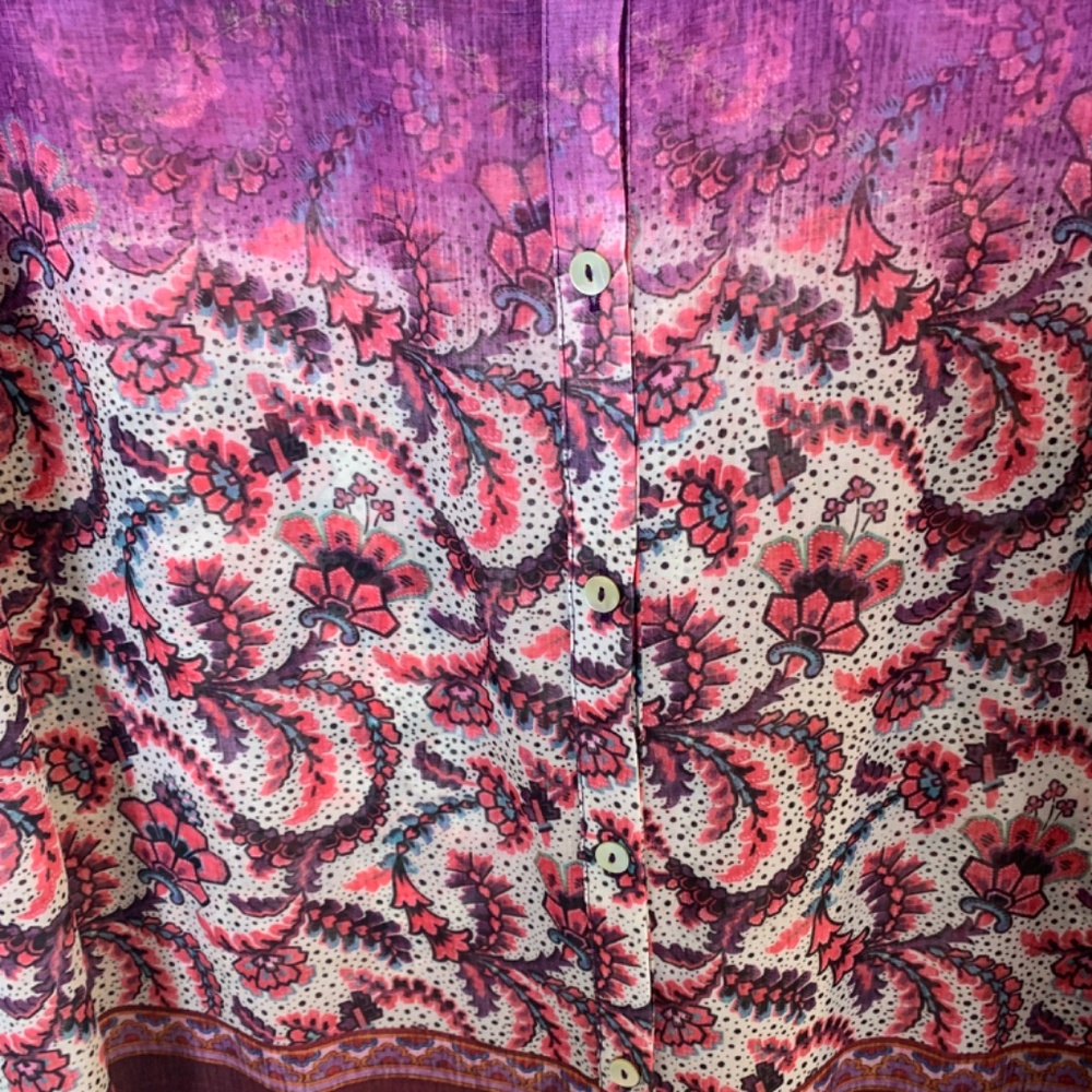 SUSAN GRAVER Purple Floral Chiffon Tunic Top Size 2XP Button Up Semi Sheer Artsy - Picture 8 of 15